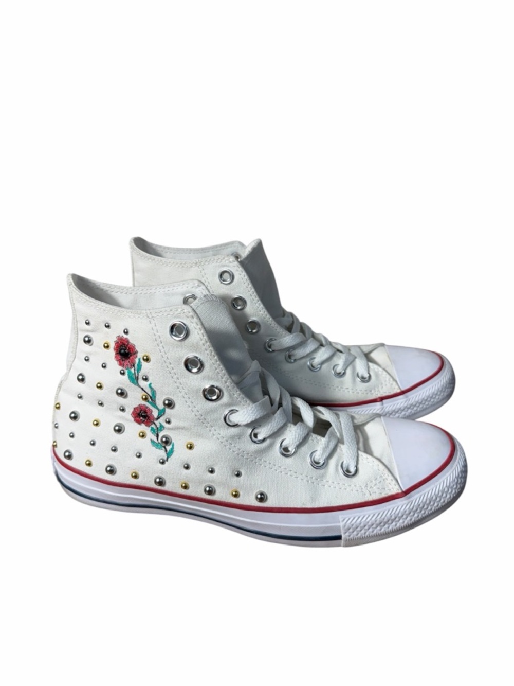 Converse Custom Studded White High Top Sneakers With Floral Detail Women's 9 - Picture 4 of 10